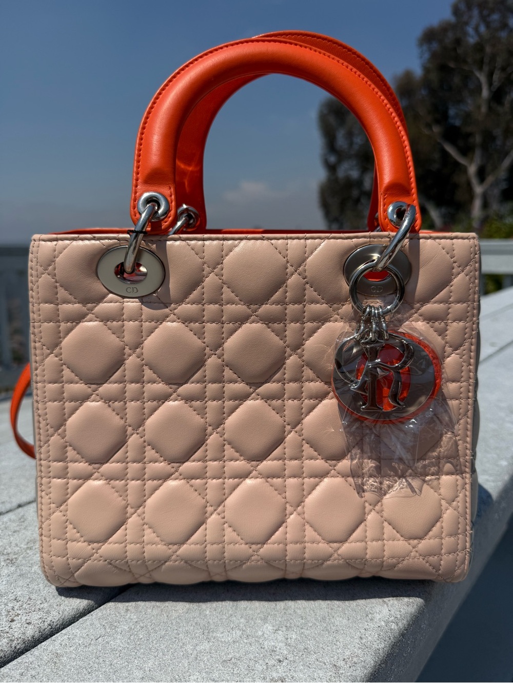 PRISTINE Christian Dior Medium Lady Dior Tricolor Lambskin Bag - Pink/Orange
